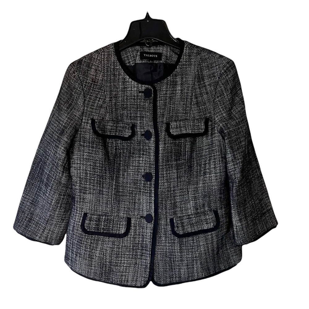 Talbots Dark Blue Wool Tweed 3/4 Sleeves Career Suit Blazer Jacket Like New 8